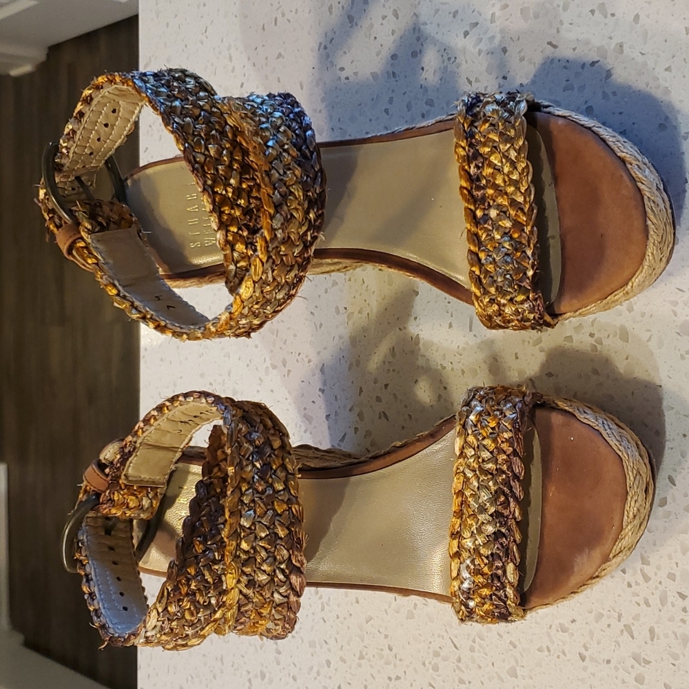 Stuart Weitzman Alex Wedge Platform Sandal 7 M Gilt African Raffia JW77277